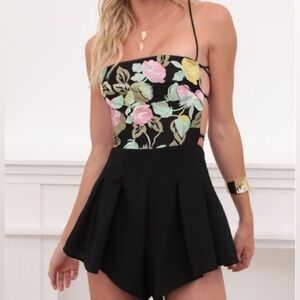LUCY IN THE SKY Black Floral Strappy Back Embroidered Romper